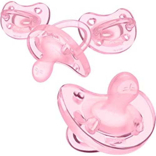 Chicco PhysioForma 100% Soft Silicone One Piece Pacifier for Babies Aged 0-6 Months | Orthodontic Nipple Supports Breathing | BPA & Latex Free | Reusable Sterilizing Case | Light Pink, 4pk
