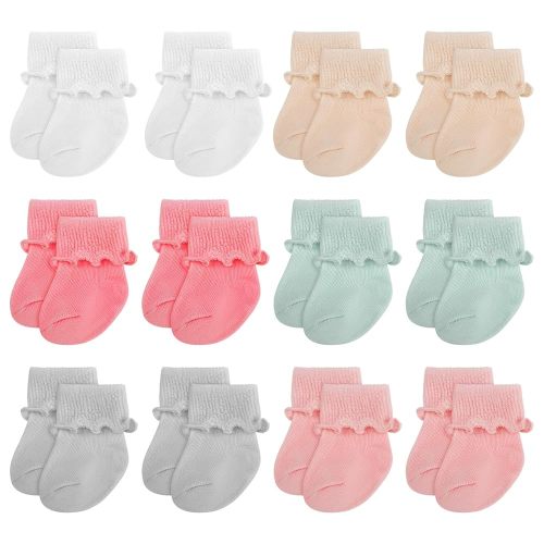 Toulite 12 Pairs Preemie Socks Girls and Boys Premature Ruffle Turn Cuff Cotton Socks Hospital Nicu