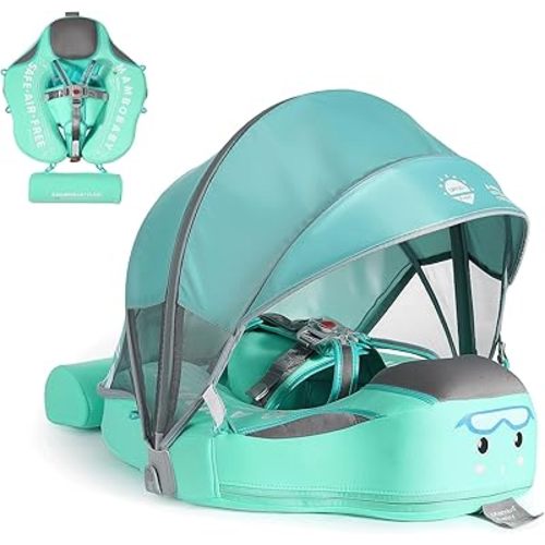 2025 Mambobaby Float Non-Inflatable Baby Pool Float with Canopy Solid Infant Pool Float with Canopy UPF 50+ Swim Ring Swimming Float with Tail & Adjustable Safety Seat(Baby Green)