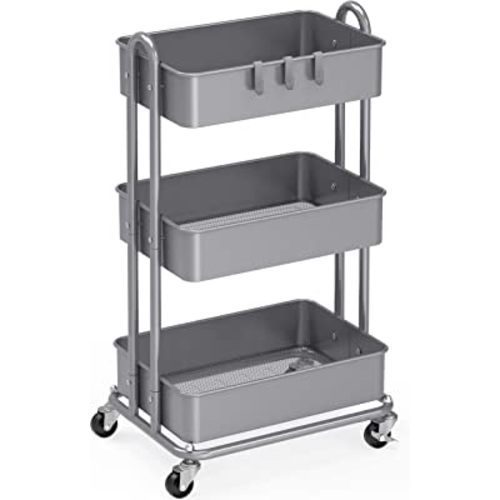 Simple Houseware Heavy Duty 3-Tier Metal Utility Rolling Cart, Silver