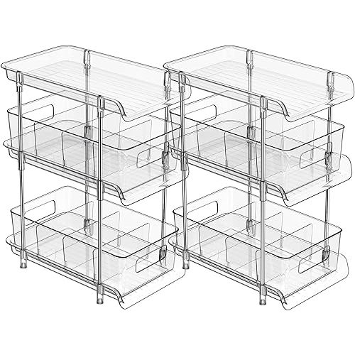 2Set 3 Tier Clear Bathroom Organizer with Dividers, Pull-Out Pantry Organization and Storage, Multi-Purpose Under Sink Organizers and Storage, Vanity Skincare Cosmetic Closet Organizer Medicine Bins