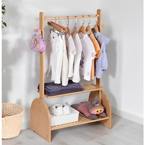 Kids Clothing Rack with Adjustable Rods, Children Clothes Garment Rack for Kids Baby Pet, Kids Dress Up Rack with 2 Bottom Shelves, Kids Wardrobe Closet for Toddlers Nursery