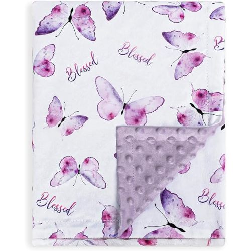 BORITAR Baby Blanket for Girls, Soft Plush Minky Fabric, Double Layer Dotted Backing, Elegant Purple Butterfly Printed, Blessed Blanket Gift for Toddler Newborn Infant, 30 x 40 Inch (75x100cm)
