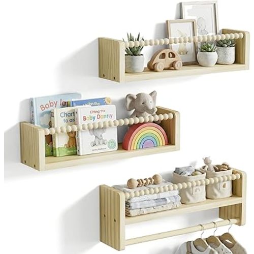 Love-KANKEI Natural Wood Nursery Floating Shelves with Towel Bar,Wall Book Shelves for Kids Room,Bedroom,Living Room(Set of 3)