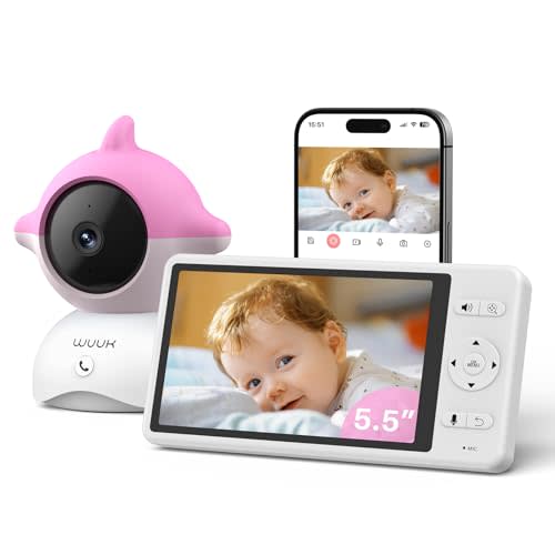 WUUK 4MP Video Baby Monitor, 5.5-Inch Display, 360° Camera, AI Face/Rollover Detection, Night Vision, App Control, 3700mAh Battery, Sound/Motion Alerts, 2-Way Audio, Dual-Band WiFi (2.4/5GHz)