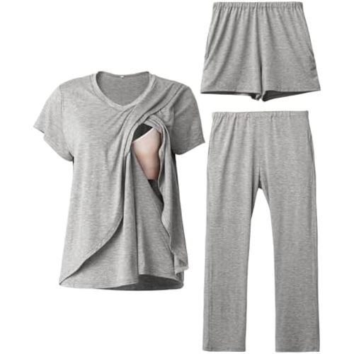 Rnxrbb V Neck Nursing Pajamas Set 3 Pack Postpartum Pjs Breastfeeding Sleepwear for Women Double Layer with Pockets