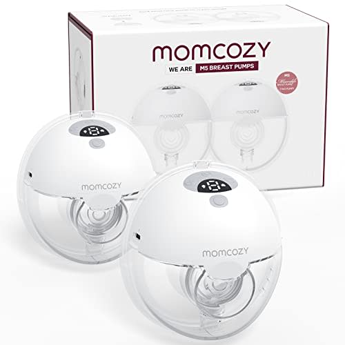 Momcozy Breast Pump Hands Free M5, Wearable Breast Pump of Baby Mouth Double-Sealed Flange with 3 Modes & 9 Levels, Electric Breast Pump Portable - 24mm, 2 Pack Quill Gray