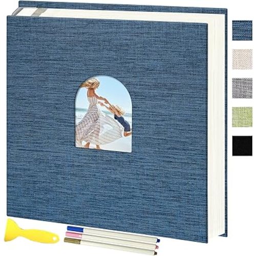 Vienrose 12.60x13 Inch Self-Adhesive Photo Album Linen Cover Arch Window Scrapbook Album 120 Pages Blank Inner Page Memory Book with Three Metallic Pens, Blue