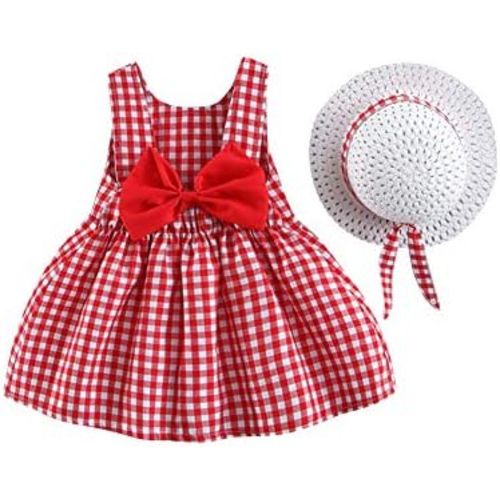 IDOPIP Baby Girl Tutu Dress Summer Sleeveless Backless Princess Birthday Party Dresses Flower Bow Sundress with Straw Hat Set