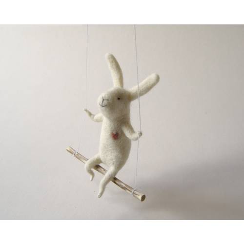 White bunny on swing, Felted Animal, Felted Bunny, Bunny Mobile,Baby Crib Mobile, Nursery Decor
