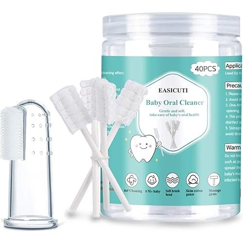 Baby Toothbrush, Baby Tongue Cleaner, 40Pcs Disposable Infant Toothbrush Clean Baby Mouth, Gauze Toothbrush Infant Oral Cleaning Stick Dental Care for 0-36 Month Baby + Free 1Pcs finger toothbrush