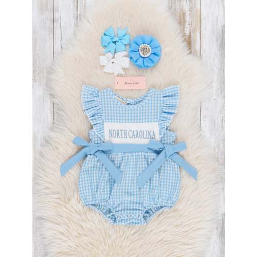 North Carolina Smocked Gingham Bubble Girl Romper 6-12M
