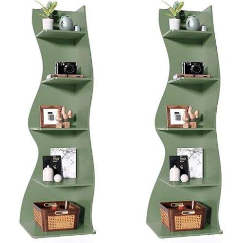 LITTLE TREE Small Corner Shelf, Modern 5-Tier Wall Corner Bookshelf, Stylish Bookcase Storage Rack for Small Space, Living Room, Bedroom, Green, 2 Pack