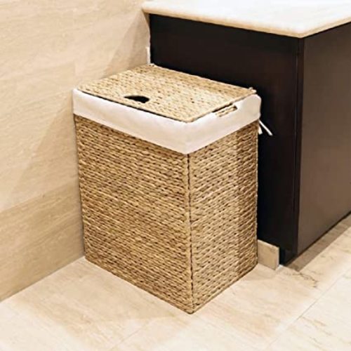 Seville Classics Lidded Foldable Water Hyacinth Portable Rectangular Laundry Hamper Basket with Washable Liner