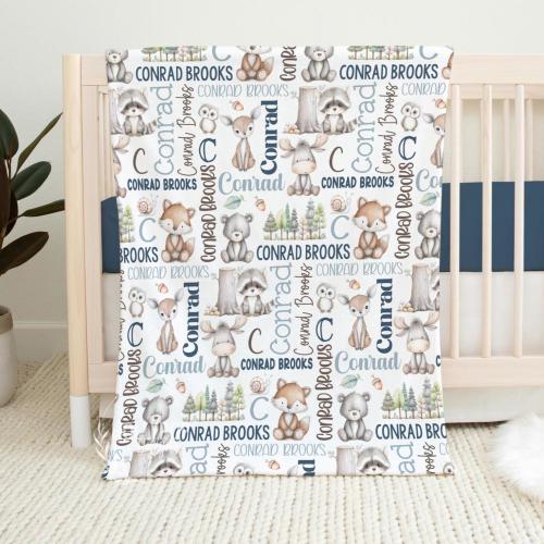 PERSONALIZED WOODLAND ANIMALS Baby Blanket, Baby Boy Custom Name Blanket Bear Moose Fox, Woodland Nursery Gender Neutral Custom Baby Gift