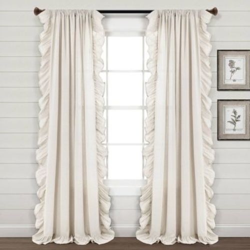 84"x54" Linen Ruffle Window Curtain Panel White - Lush Décor: Light Filtering, Rod Pocket, Machine Washable