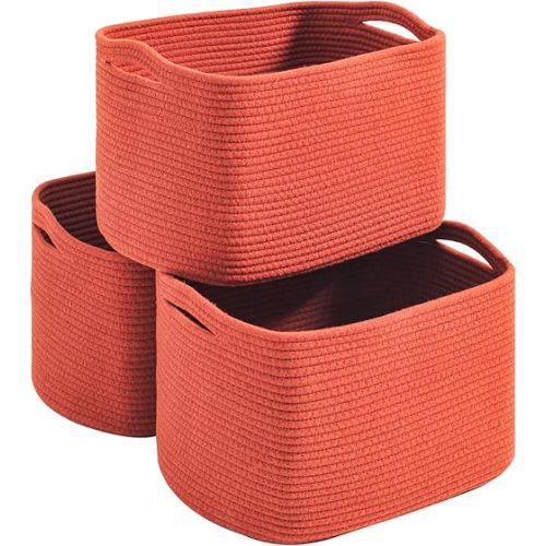Storage Baskets for Organizing Shelves, Woven Cotton Rope Basket for Storage, Dog Toy Baskets Storage Kids, Cute Shelf Basket for Living Room Bedroom, 14.8"×11"×9.5", Pack of 3, Brick Red