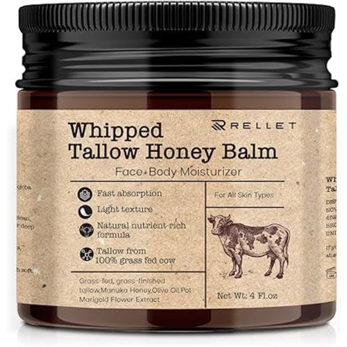 Beef Tallow and Honey Balm for Skin : Grass Fed Whipped Beef Tallow With Honey Face Body Moisturizer 4oz - Organic Unscented Fast Absorption Tallow Cream Infused with Manuka Honey Beeswax Olive Oil