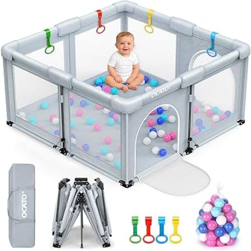 OCATO Baby Playpen: Foldable Playpen for Babies and Toddlers Large Play Pen Portable Playpen Fence Indoor Outdoor Kids Safety Area Travel Play Yard with 1 Storage Bag 4 Handlers 50 Balls (50" × 50")