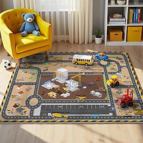 Construction Site Play mat Rug for Kids, 5x7 in Non-Slip Educational Rug with Excavator, Engineering Vehicles & Road Design, Machine Washable Carpet for Playroom, Nursery, Boys Room Decor