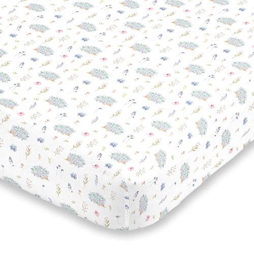 NoJo Super Soft Hedgehog Blue, Pink & Green Flower Nursery Crib Fitted Sheet, Blue, Pink, Green, White