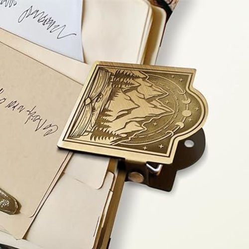 ANATTASOUL Journal Clip Vintage Mountain Forest and Moon Phase Metal Travelers Notebook Clip, Decorative Heavy Duty Brass Journal Page Holder Clips for Book, Paper, Bookmark