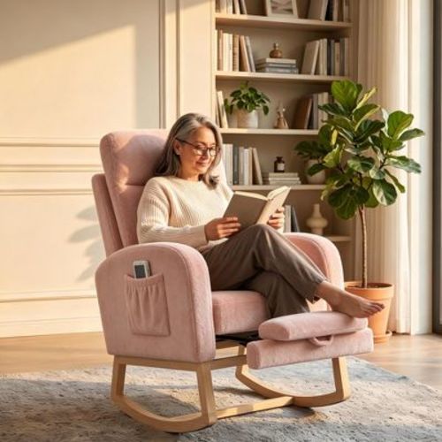 Modern Nursery Rocking Chair with Footrest, Upholstered Glider Rocker with Side Pocket, Comfortable High Back Rocking Chair for Living Room, Bedroom