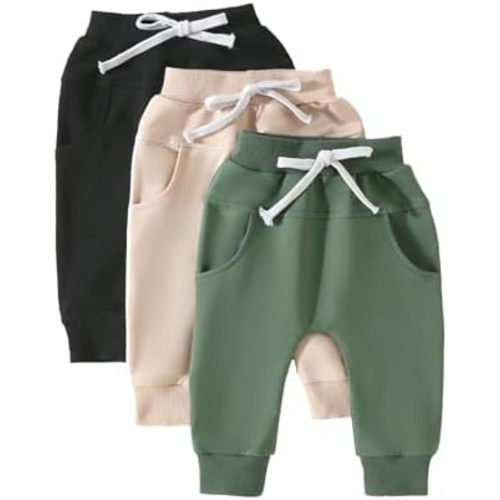 Yoawdats Baby Boys' 3-Pack Pull-on Jogger Pants Knit Pants Classic Fit Elastic Waist Kids Toddler Pants Multipacks Long Pants