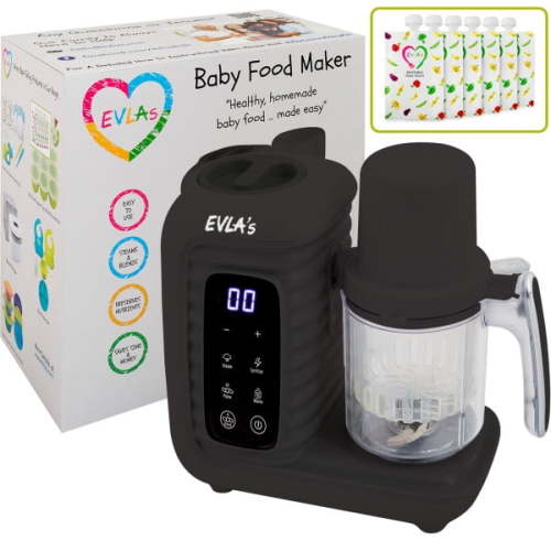 EVLA'S Baby Food Maker with 2 Steaming Cups, Steamer, Blender, Baby Food Processor, Touch Screen, with 6 Reusable Food Pouches, Dark Grey