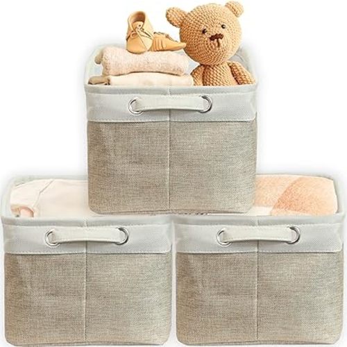 Simple Houseware Large Fabric Storage Bin, 14.4" x 10" with Handles, 3-Pack, Foldable Organizer for Closet and Shelf, Beige