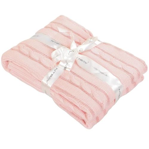 NTBAY 100% Pure Cotton Cable Knit Toddler Blanket, Super Soft Warm Breathable 30x40 Baby Blanket for Crib, Stroller, Nursery, Travel, Newborn, 30x40 Inches, Baby Pink