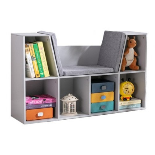 HOMCOM 6-Cubby Kids Bookcase, Reading Nook Organizer with Seat Cushion, Toddler Storage Cabinet Shelf for Playroom Bedroom Gray, 40.5" x 12" x 23.5"