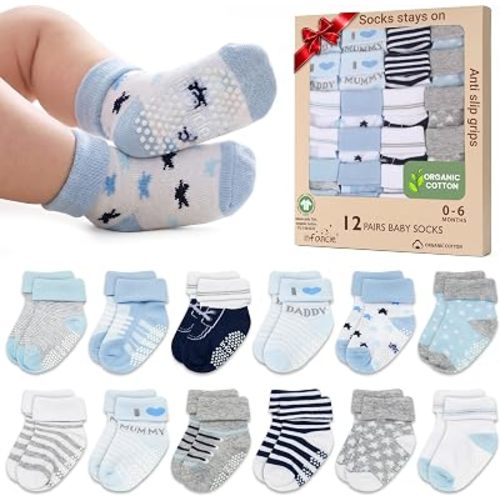 GOTS Organic Cotton Blend 12 infant socks with Grip 0-6 M Boy Non Slip Gift