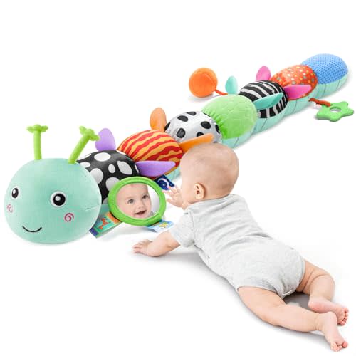 Baby Sensory Musical Caterpillar Plush Toy, Soft Stuffed Animal with Mirror Crinkle Paper Rattle Teether, Tummy Time Play Toy for 0-12 Months Newborn Infant, Baby Shower Gift for Boys Girls, Blue