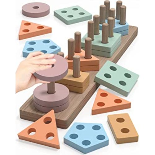 Montessori Toys for 1 2 3 Years Old Boys Girls, Wooden Sorting and Stacking Toddlers Kids Preschool, Coffee Color Recognition Stacker Shape Sorter Gift Educational Learning Toy Ages 1-3