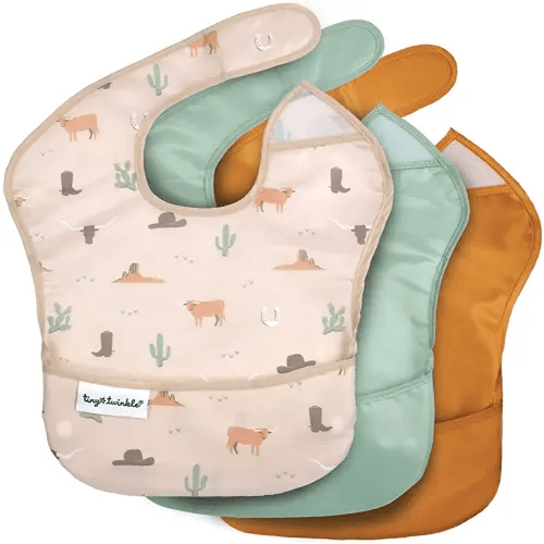 Tiny Twinkle Mess Proof Baby Bibs for Eating - Waterproof, Wipeable Bibs - Toddler Bibs - Travel Friendly - PFAS, PVC, BPA, Phthalate Free - Baby Food Bibs(3 Pack,Cowboy)