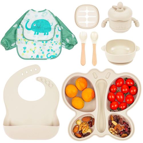 Silicone Baby Feeding Set, Baby Led Weaning Supplies, Silicone Suction Butterfly Plate, Bowl, Spoons, Fork and Waterproof Bib & Cloth Bib, Eating Utensils Baby Feeding Essentials (Beige)