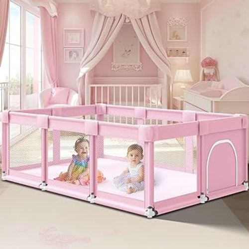 74" ×50" Large Baby Playpen, Baby Playard for Babies and Toddlers, Baby Fence Play Pens for Indoor & Outdoor, Sturdy Safety Play Yard with Soft Breathable Mesh, Anti-Fall, Pink