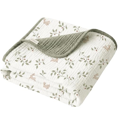 Konssy Muslin Baby Blankets for Girls Boys, 100% Cotton Crib Blanket for Baby Infant Toddler, Super Soft and Lightweight Nursery Blankets 40"x36"（Rabbit