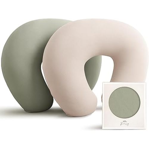 Konssy Nursing Pillow Covers for Baby Girls Boys Newborn, Soft Stretchy Rayon Slipcovers for Breastfeeding Pillow, Hidden Zipper, Machine Washable, 2 Pack (Beige,Fog Green)