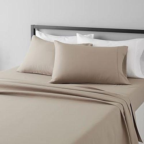 Amazon Basics Lightweight Super Soft Easy Care Wrinkle Free Breathable Microfiber 4 Piece Bed Sheet Set with 14-Inch Deep Pockets, King, Taupe, Solid