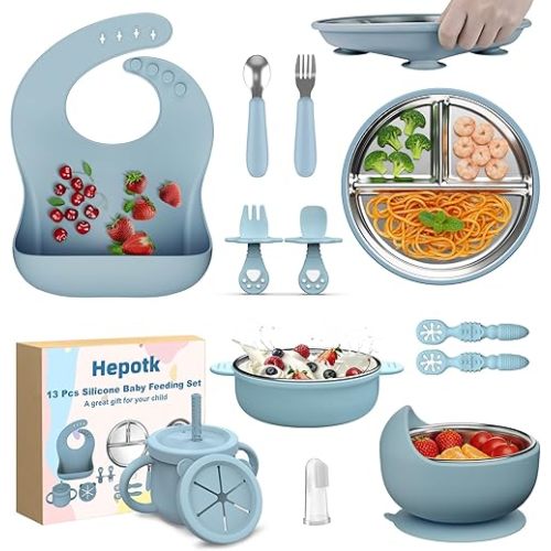 13 Pack Silicone Baby Feeding Set, BPA-Free Stainless Steel Toddler Feeding Supplies, Include Suction Plates, Baby Bowls, Silicone Fork & Spoon, and More, First Stage Baby Dish Set - 6+ Months