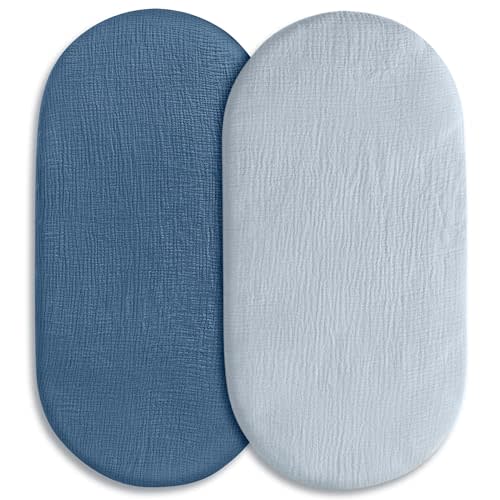 Muslin Bassinet Fitted Sheets 2 Pack, Soft Breathable Cotton Baby Bassinet Mattress Sheet Set, 360° Elastic Snug Fit, Universal for Oval, Rectangle & Hourglass Cradle, Baby Bedding (Bright Colors)