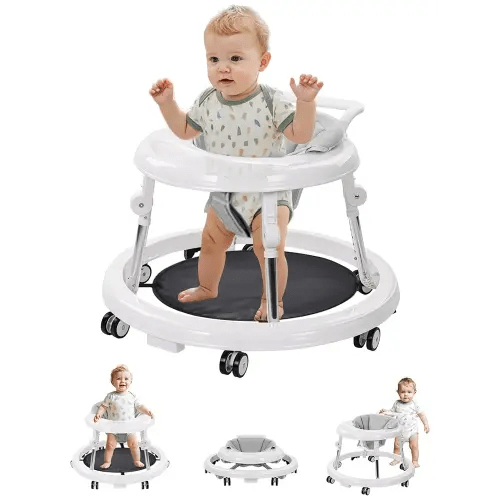 Baby Walker with Wheels: Adjustable Height & Foldable Design, Mute Wheels & Anti-Rollover Feature, Includes Footrest, Perfect for Boys & Girls 6-18 Months
