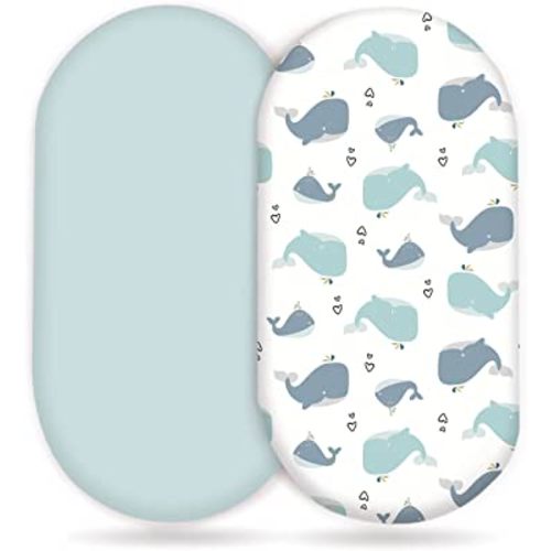Stretchy Ultra Soft Fitted Bassinet Sheet Set 2 Pack, Universal Fit for Bassinets Baby Cradle Moses Basket Oval Rectangle Pad/Mattress, Lovely Whale Bassinet Sheets