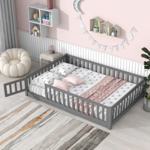 UHOMEPRO Full Size Floor Bed with Door and Fence for Kids, Toddler Bed Montessori Floor Bed with Slats and Safety Guardrails, Solid Wood Full Bed Frame for Girls Boys Kids Bedroom, Gray