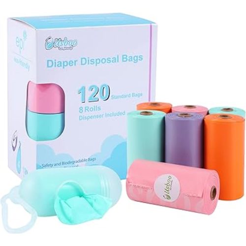 Diaper Bags Disposable for Baby, 8 Refill Rolls/120 Bags Dirty Disposable Diaper Bags with Dispenser, Convenient and Quick Diaper Disposal, Poop Bags,Rainbow