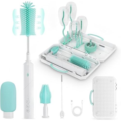8-in-1 Electric Baby Bottle Brush Cleaner Set – Rechargeable, 3-Speed, 90° Rotating Handle, Waterproof, with Drying Rack & Travel Case, Green