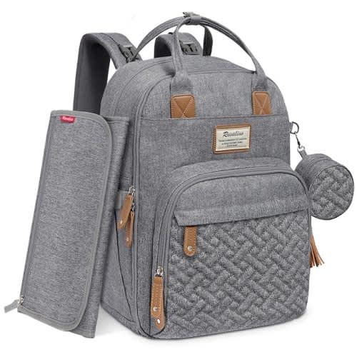 RUVALINO Diaper Bag Backpack, Neutral All-in-One Baby Bags, Multifunction Large Travel Backpack with Portable Changing Pad, Stroller Straps, Pacifier Case and Insulated Pockets - Light Gray