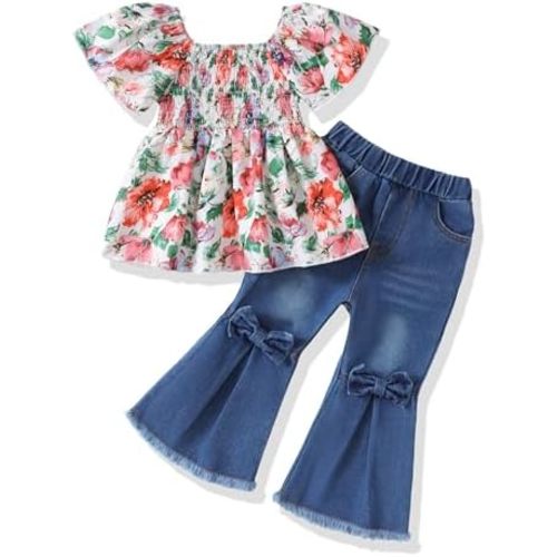 Baby Girl Clothes Toddler Girl Outfits Kids Puff Sleeve Shirt Top Flare Denim Pants Jeans Clothing for Little Girls
